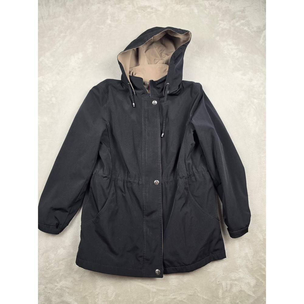 Liz Claiborne Hooded Jacket Womens Large Black Striped Lining Full Zip‎ Parka
